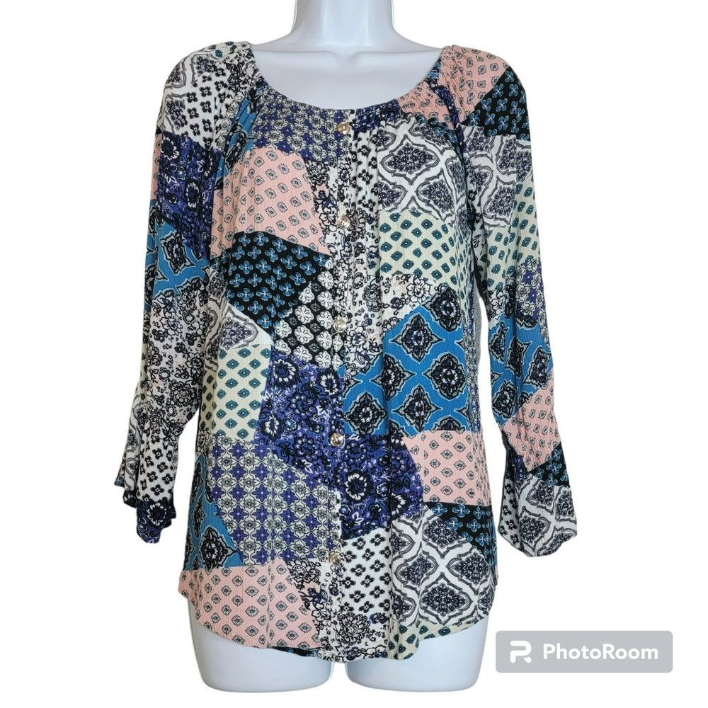 Tutta Bella Maternity Womens Med Boho Multi-Colored Tunic Blouse EUC